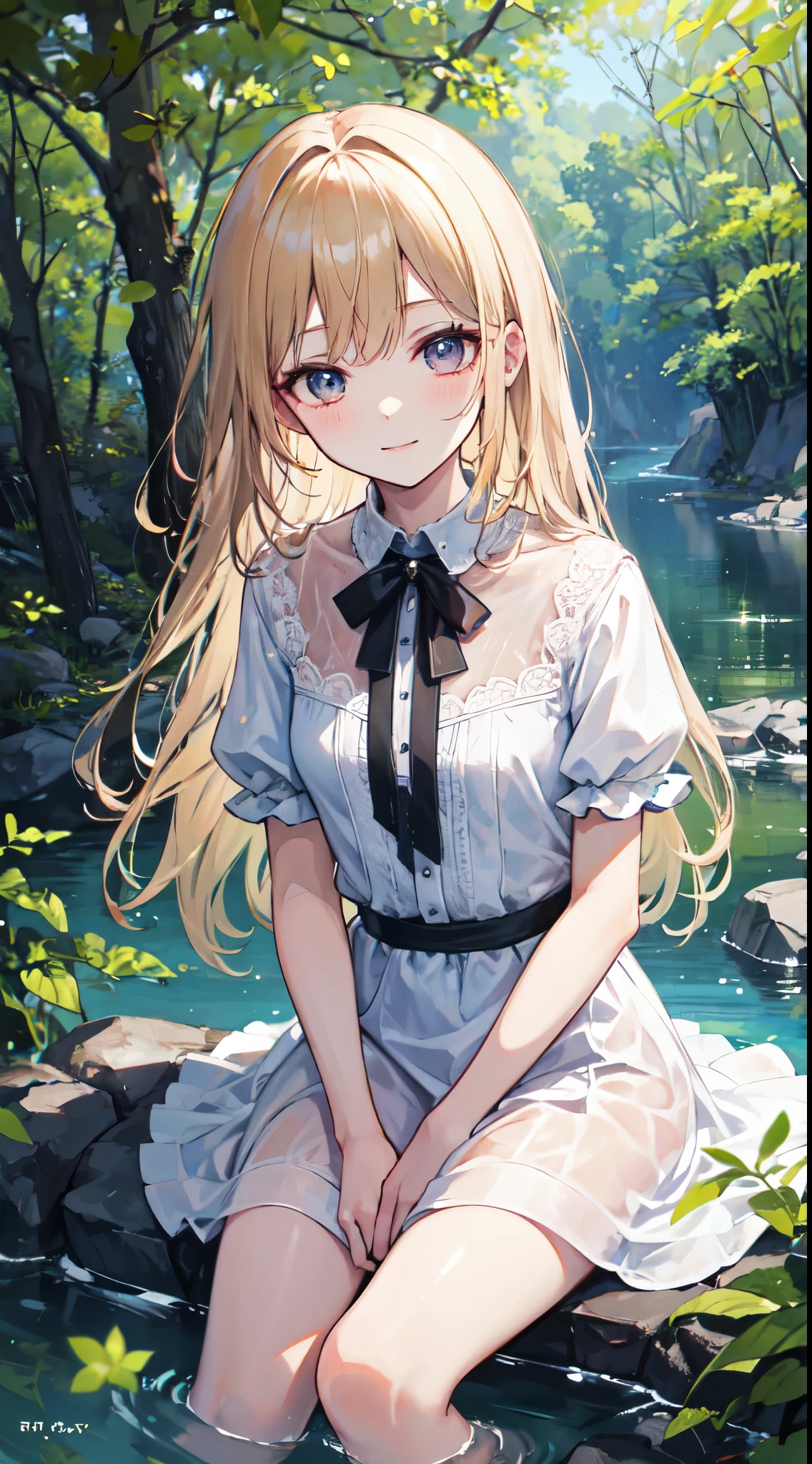 (masterpiece, Highest quality:1.4), 8k, Official Art, RAW Photos, Absurd, From below, girl, Wicked Smile, Upper Body, Sitting, White Summer Dress, Wet, See through, stone bridge, Remains, null, forest, stream, Detailed Shadows, Light leakage, perspective, Depth of written boundary, Sharp focus, High resolution, Super detailed, In detail, Very detailed, (Detailed eyes and face, Sharp pupils, Realistic students:0.6)