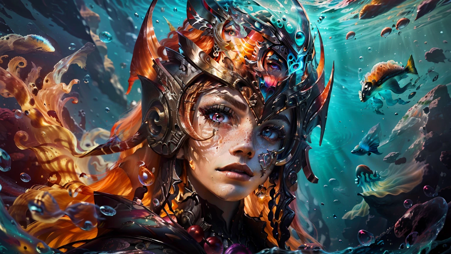 masterpiece, best quality), intricate details, (Best quality)), ((masterpiece)), ((realistic)), (hyperrealism:1.2), (fractal art:1.2), (1girl), (perfect face:1.3), ((red long hair)), extreme detailed eyes, colorful, highest detailed, Nami, fishbody, mermaid, scales, tail, orange ocean, pink waves, purple eyes, freckles, purple hair, (mermaid), (detailed fish), (glowing jellyfish, shining jellyfish:1.2), (bubbles:1.2), seaweed, water streaks, vibrant colors, high contrast, (8K UHD:1.2), (photorealistic:1.2), wearing dark grey metallic knight facial helmet with red ruby in center, dark grey metallic necklace, wearing dark grey metallic battle armor, faint red in the ocean in the background, event horizon orange accent in background, tears in eyes unhappy face