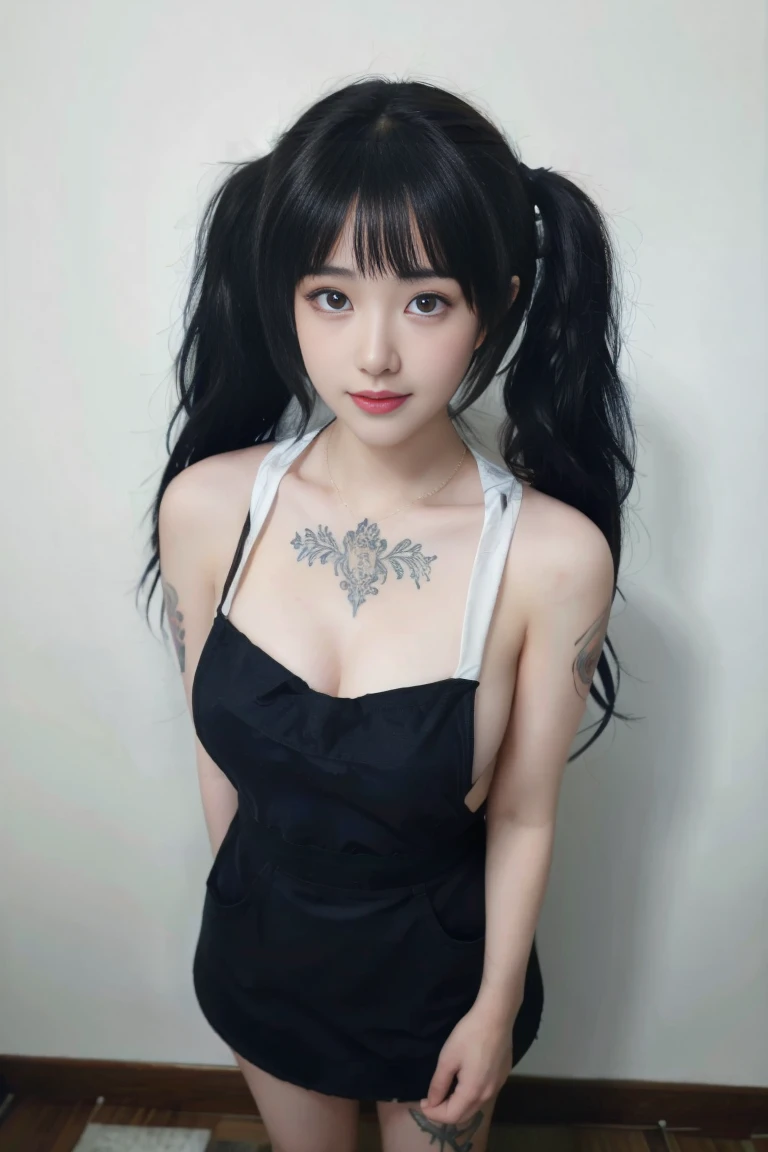 ulzzang-6500-v1.1,(raw photo:1.2),((photorealistic:1.30)), ((best quality)) ,((masterpiece)),((Ultra High Resolution)), ((Clear View)),,Ultra-high resolution,Clear face,(Reality:1.4) , illustration, an extremely delicate and beautiful, extremely detailed ,CG ,unity ,8k wallpaper, Amazing, finely detail, masterpiece,best quality,official art,extremely detailed CG unity 8k wallpaper,absurdres, incredibly absurdres, huge filesize, ultra-detailed, highres, extremely detailed,beautiful detailed girl, extremely detailed eyes and face, beautiful detailed eyes,light on face,cinematic lighting,1girl, 独奏, long hair, (twintails:1.5),brown hair,bare shoulders, jewelry, collarbone, earrings,smile, necklace, apron, (full body), standing, (Tattoos), (Tattoos on the body), (super Giant breasts:1.3), (shagging breasts:1.3),