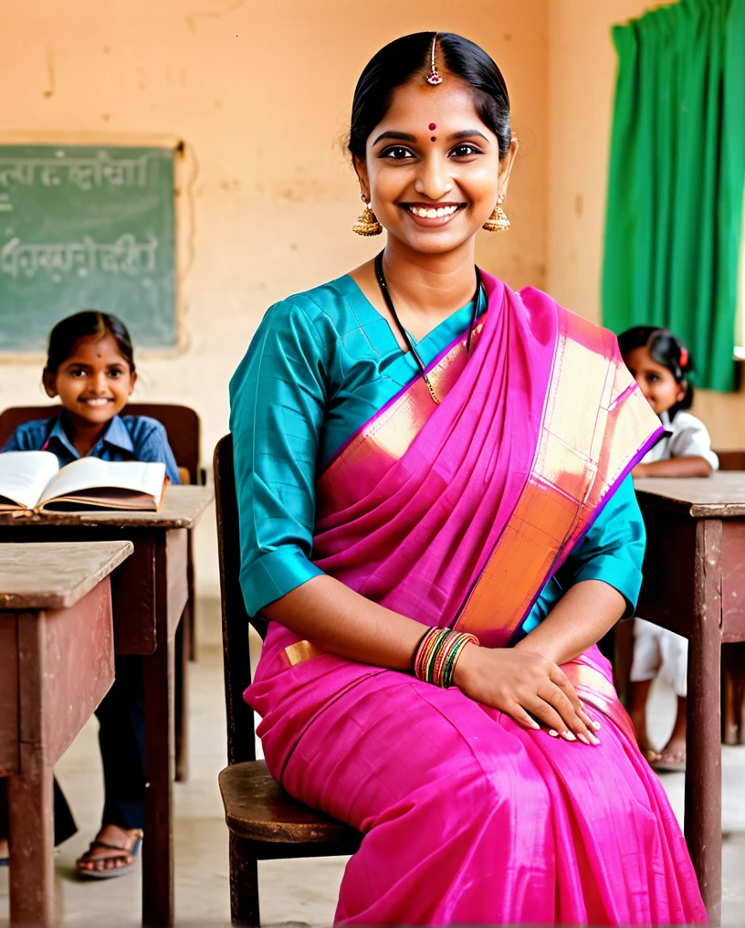 Skatch the picture, A woman wearing a sari cholo is sitting on the school principal's chair. Smile face, pink saree. Another teacher is trying to ask something.