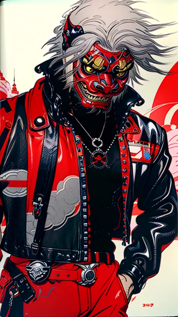 lion dance whole body cyber punk Japan Leather jacket Gray Hair AKIRA male Fantasy