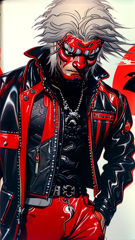 lion dance　whole body　cyber punk　 Japan　　Leather jacket　Gray Hair　AKIRA 　male　Fantasy