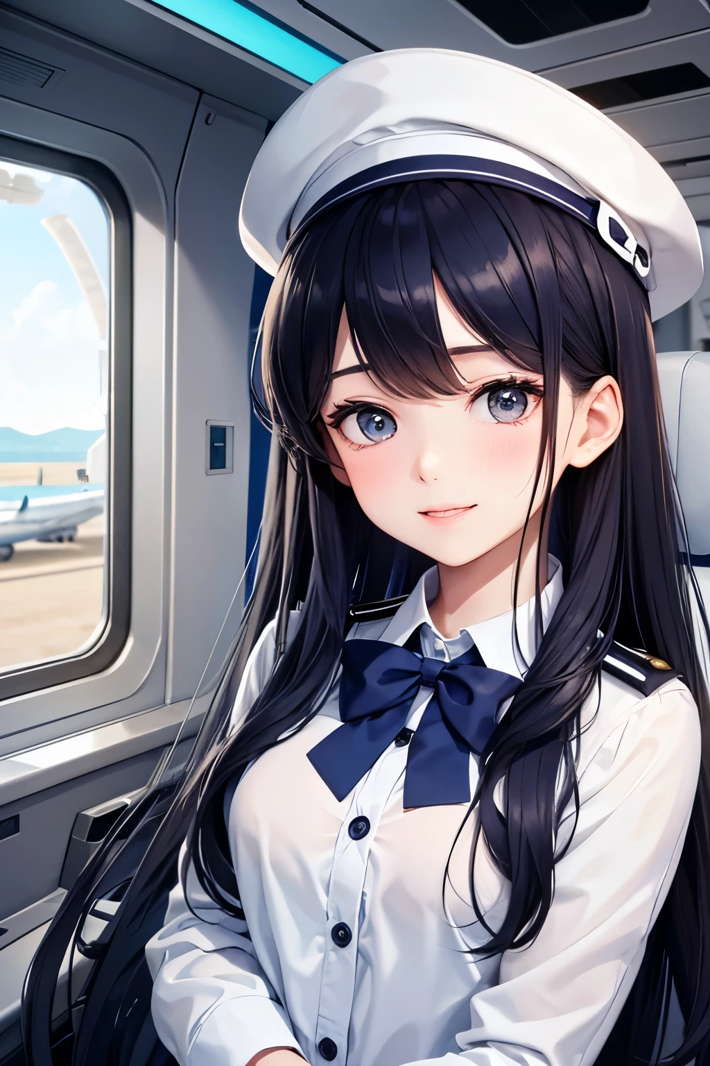 Create an illustration of a cabin attendant with long hair, big eyes, and a friendly smile. The attendant is wearing a navy blue uniform with white accents, including a white blouse and a bow tie. The uniform has gold buttons and the attendant is wearing a matching navy blue cap with gold detailing. The background should be the interior of an airplane cabin, with visible seats, windows, and overhead compartments, suggesting the attendant is in their work environment.