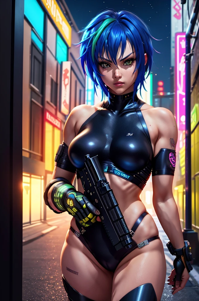 masterpiece, cyberpunk, crowd, city, night, neon light, toned, sci-fi, extremely detailed 8k wallpaper, 1girl, holding gun, battle, multicolored hair, blue hair, short hair, yellow eyes, two-tone hair, streaked hair, xenovia quarta dxd