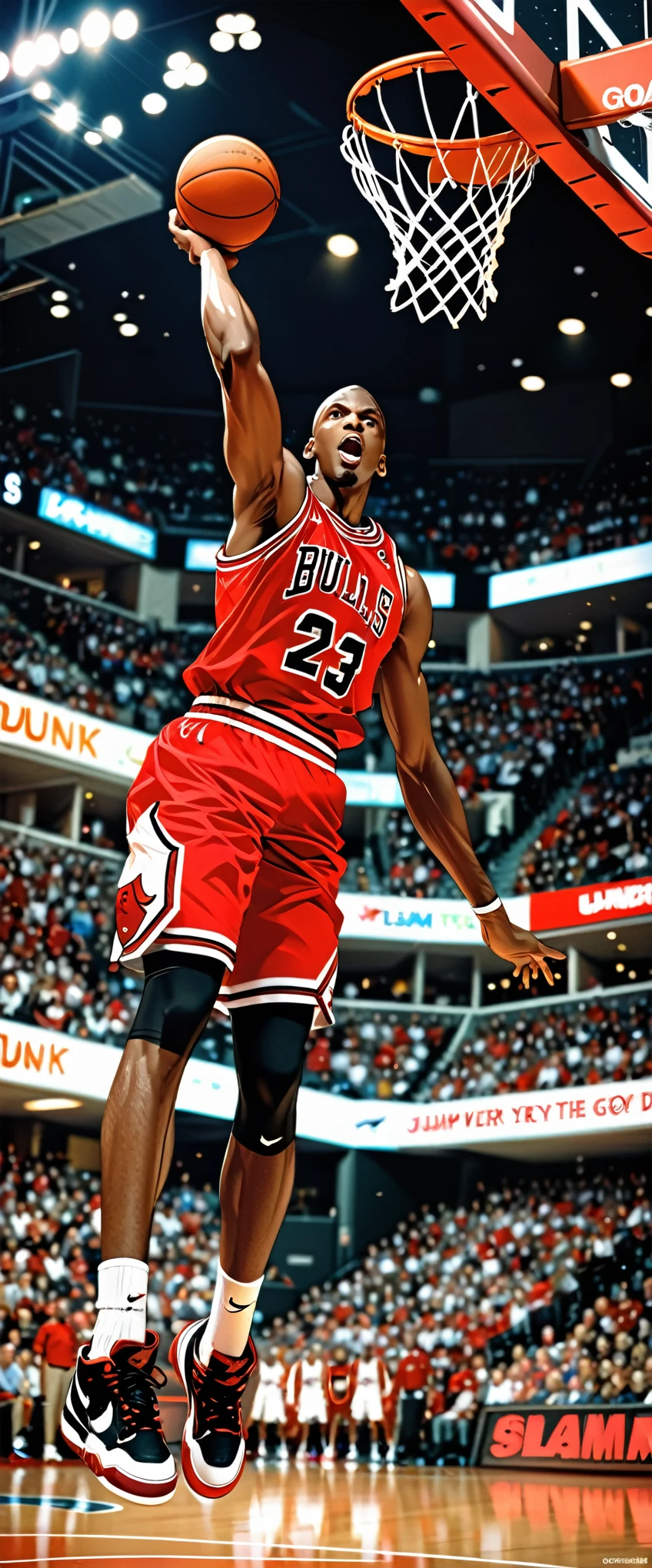 (masterpiece:1.2,Highest quality,Highest quality,High resolution),(Super detailed),(Anime Style),8k,wallpaper,One Man,Black,Basketball Player,Michael Jordan,Detailed face,Sticking out tongue,Chicago Bulls Uniforms,((front)),((Directly above)),((Lean your body back)),(((Jump very high towards the goal:1.6))),((Look up at the ball)),((Slam Dunk:1.6)),(((Dynamic Angles),Basketball Court,(((Background Blur))),(((Upper body close-up))),((From below))