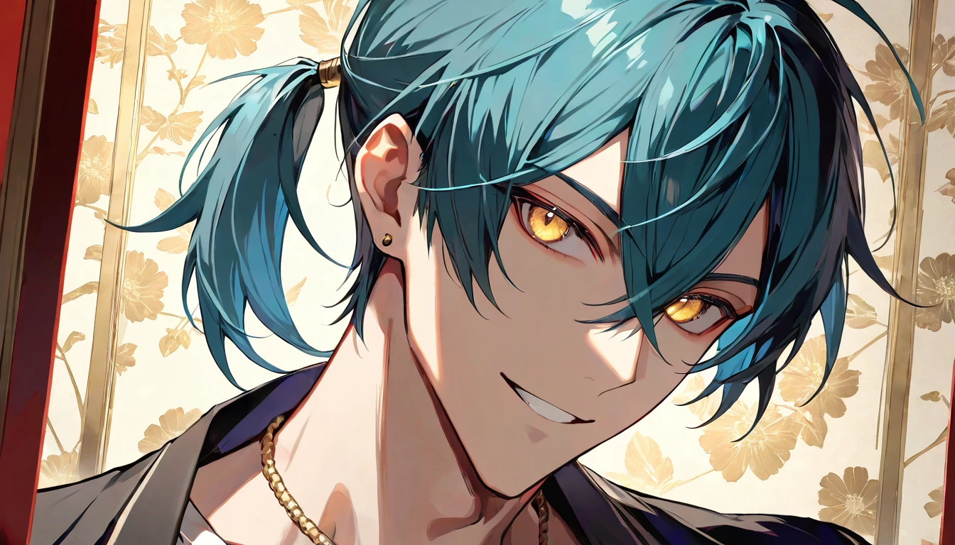 ((((best masterpiece, best quality, wallpaper,)))) solo, guy, male body, small muscles, flat chest, 1male, 30 years old, handsome man, dramatic angle, upper body, looking at viewers, beautiful detailed, seductive smile, mediumturquoise hair, ((((Lower short ponytail)))), asymmetrical bangs, ((short hair,)) ((( jitome, gold eyes, ^o^, tareme, droopy eyes,))) (((perfect face, extremely detailed eyes,))) perfect hands, sharp nose, clear face, black turtleneck, grey cardigan, ((silver piercing, pendant,)) leggings, pink background color ultrasharp, 8K, masterpiece,