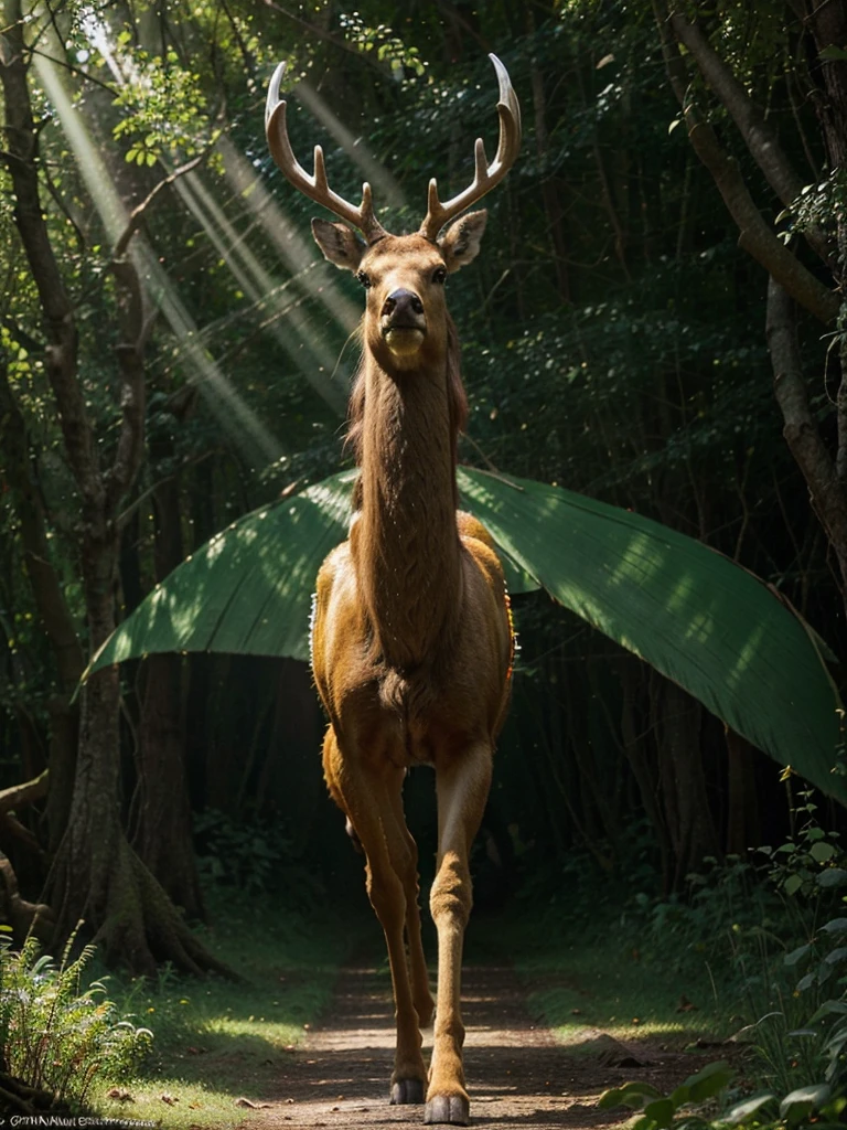 In the heart of the mystical forest, a majestic forest creature stands tall, surrounded by lush greenery and illuminated by the golden rays of the sun. This magnificent being is a combination of a deer and a dragon, with antlers that gleam like polished emeralds and shimmering scales that reflect the light like mirrors. Its eyes are a mesmerizing shade of amber, exuding intelligence and grace. This enchanting image, painted with exquisite detail and vivid colors, captures the creature in all its mythical glory.