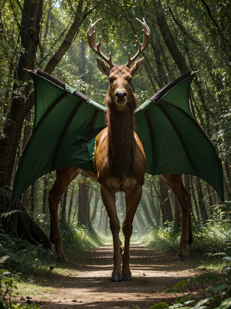 In the heart of the mystical forest, a majestic forest creature stands tall, surrounded by lush greenery and illuminated by the golden rays of the sun. This magnificent being is a combination of a deer and a dragon, with antlers that gleam like polished emeralds and shimmering scales that reflect the light like mirrors. Its eyes are a mesmerizing shade of amber, exuding intelligence and grace. This enchanting image, painted with exquisite detail and vivid colors, captures the creature in all its mythical glory.