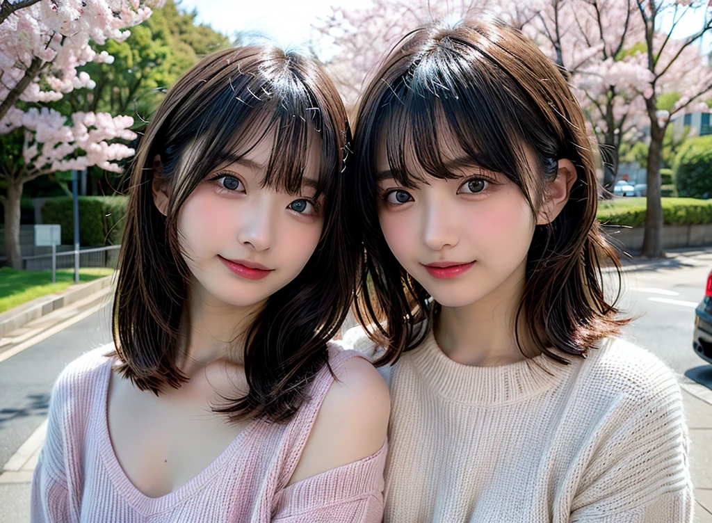 Tabletop, Highest quality, shape, Very detailed, finely, High resolution, 8k wallpaper, Perfect dynamic shape, Finely beautiful eyes, Wearing a pale pink knit,Medium Hair,Natural color lip, smile,harajuku、Teenage Girl、cute、Looking into the camera、flat chest、Brown Hair、The background is a park with cherry blossoms in bloom、Street Snap、Anatomically correct, Ultra high definition, Winner of numerous awards,