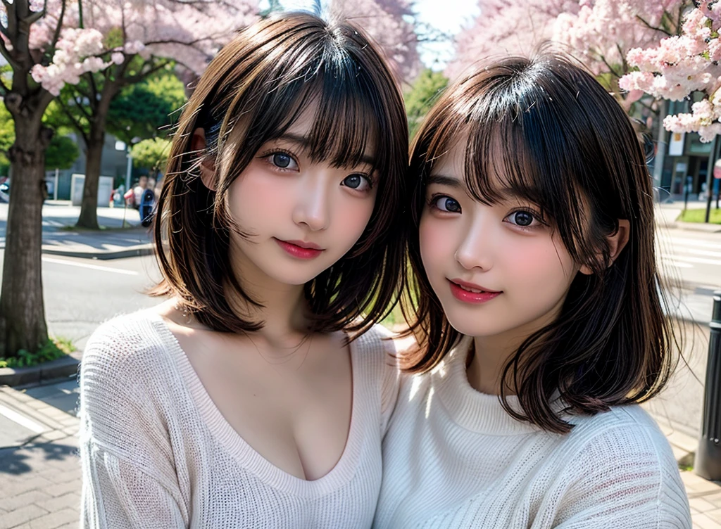 Tabletop, Highest quality, shape, Very detailed, finely, High resolution, 8k wallpaper, Perfect dynamic shape, Finely beautiful eyes, Wearing a pale pink knit,Medium Hair,Natural color lip, smile,harajuku、Teenage Girl、cute、Looking into the camera、flat chest、Brown Hair、The background is a park with cherry blossoms in bloom、Street Snap、Anatomically correct, Ultra high definition, Winner of numerous awards,