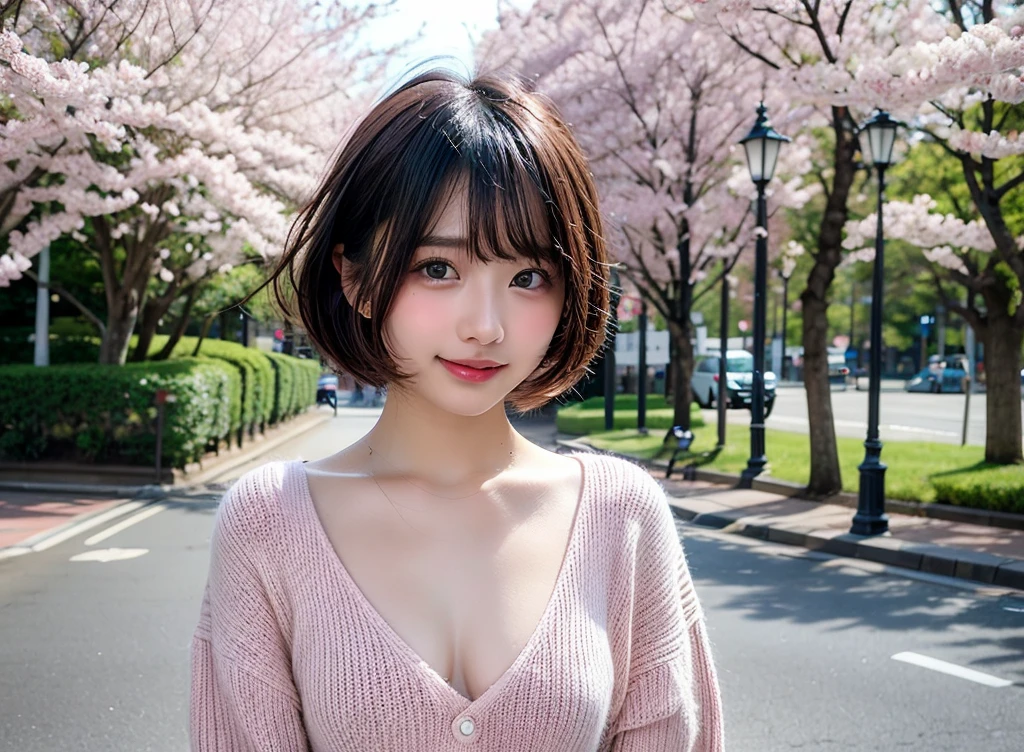 Tabletop, Highest quality, shape, Very detailed, finely, High resolution, 8k wallpaper, Perfect dynamic shape, Finely beautiful eyes, Wearing a pale pink knit,Medium Hair,Natural color lip, smile,harajuku、 Girl、cute、Looking into the camera、flat chest、Brown Hair、The background is a park with cherry blossoms in bloom、Street Snap、Anatomically correct, Ultra high definition, Winner of numerous awards, 