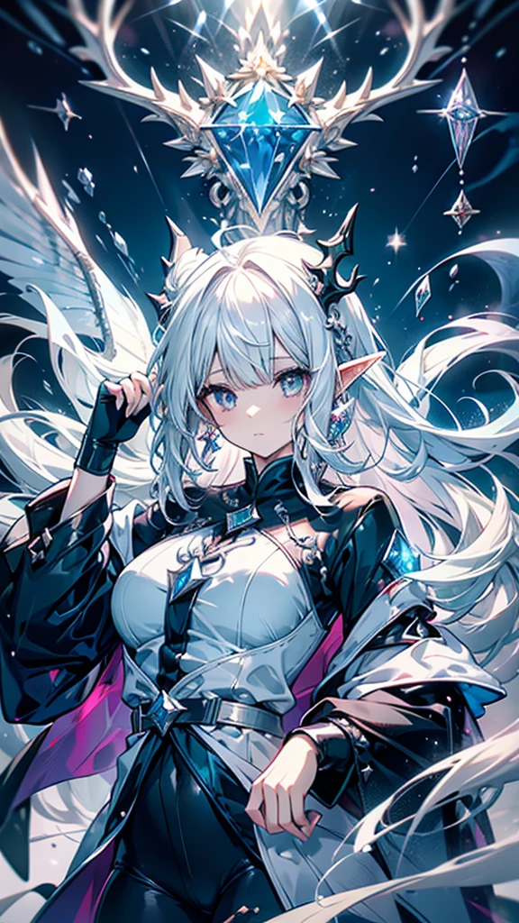 girl,Diamond Dragon Horn,Crystalline hair,Hands made of opal,Mirror-like windbreaker,Milky white dragon tail,madman,Crystal Dragon,Elf ears,Sanhua,alchemy,Sea Monster,Holy See
