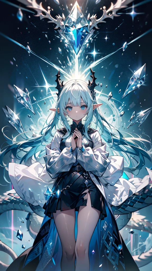 girl,Diamond Dragon Horn,Crystalline hair,Hands made of opal,Mirror-like windbreaker,Milky white dragon tail,madman,Crystal Dragon,Elf ears,Sanhua,alchemy,Sea Monster,Holy See