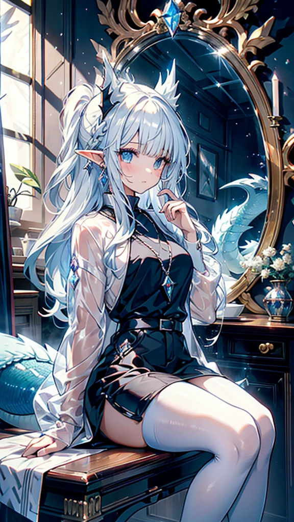 girl,Diamond Dragon Horn,Crystalline hair,Hands made of opal,Mirror-like windbreaker,Milky white dragon tail,madman,Crystal Dragon,Elf ears,Sanhua,alchemy,Sea Monster,Holy See