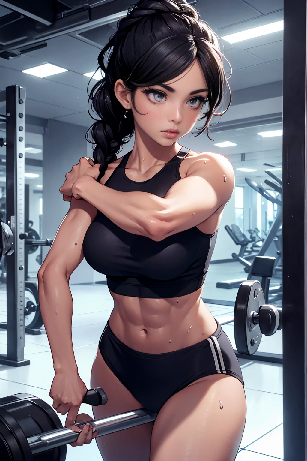a girl workout at gym, sweaty body, soaked, beautiful detailed eyes, beautiful detailed lips, extremely detailed face, long eyelashes, toned abs, braided hairstyle, full body shot, cinematic lighting, dramatic lighting, hyper realistic, 8k, intricate details, masterpiece, photorealistic, chiaroscuro lighting, dramatic shadows, volumetric lighting, glowing skin, athletic, fit, strong, powerful, gym room, sport wear,