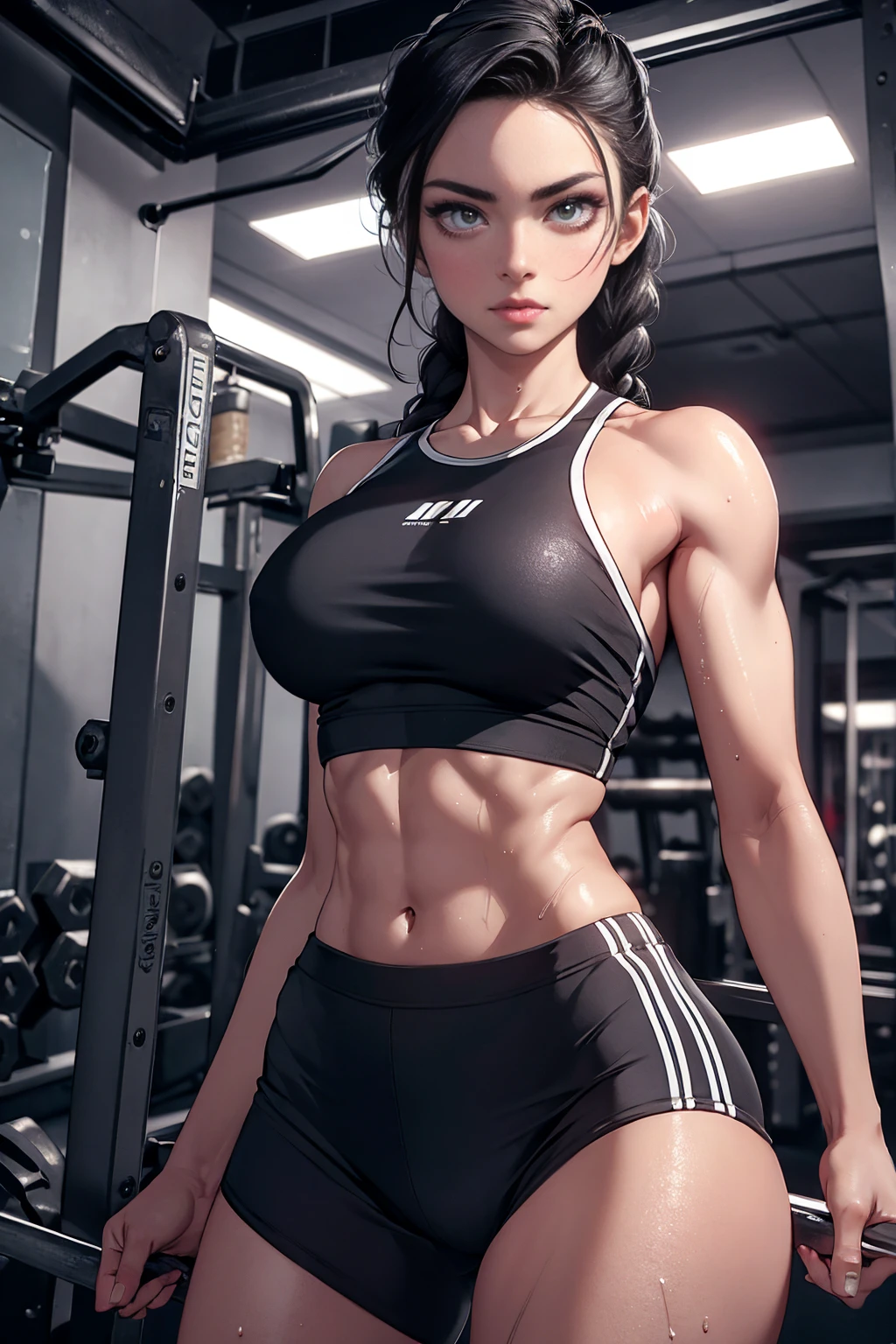 a girl workout at gym, sweaty body, soaked,  beautiful detailed eyes, beautiful detailed lips, extremely detailed face, long eyelashes, toned abs, braided hairstyle, full body shot, cinematic lighting, dramatic lighting, hyper realistic, 8k, intricate details, masterpiece, photorealistic, chiaroscuro lighting, dramatic shadows, volumetric lighting, glowing skin, athletic, fit, strong, powerful, gym room, sport wear, 