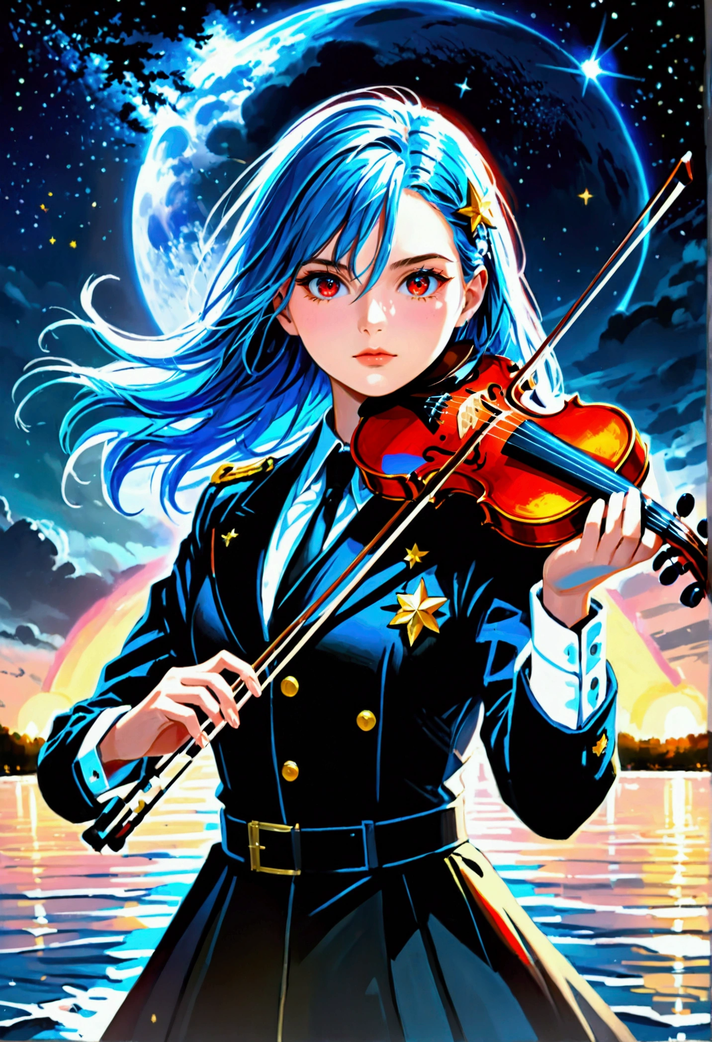 A young woman with sky blue hair and red eyes (((playing a violin))) ,on the water, surrounded by a fantasy night sky with colorful stars and a comet, wearing a black military uniform and closing one eye, (best quality,8k,highres,masterpiece:1.2),ultra-detailed,(realistic,photorealistic,photo-realistic:1.37),portrait,fantasy,cinematic lighting,dramatic colors,highly detailed facial features,beautiful detailed eyes,beautiful detailed lips,extremely detailed eyes and face,long eyelashes,elegant pose,magical atmosphere,dramatic sky,glowing celestial objects