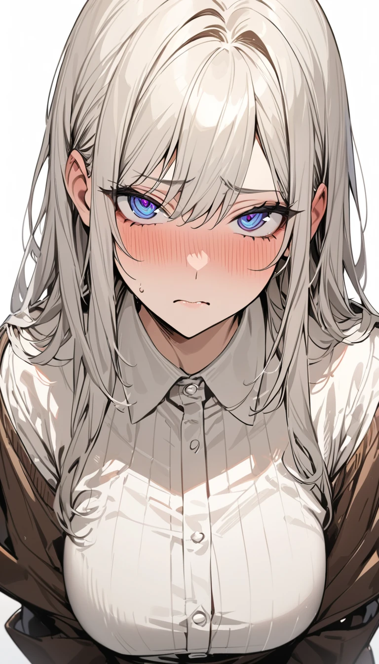 masterpiece, High resolution, perfect face, Korean beautiful high school, 30 years old, beautiful face, white background, embarrassed look, look at the camera, (top quality eyes), detailed texture, look at me, Married woman, cool women, ((high resolution eyes)), hentai