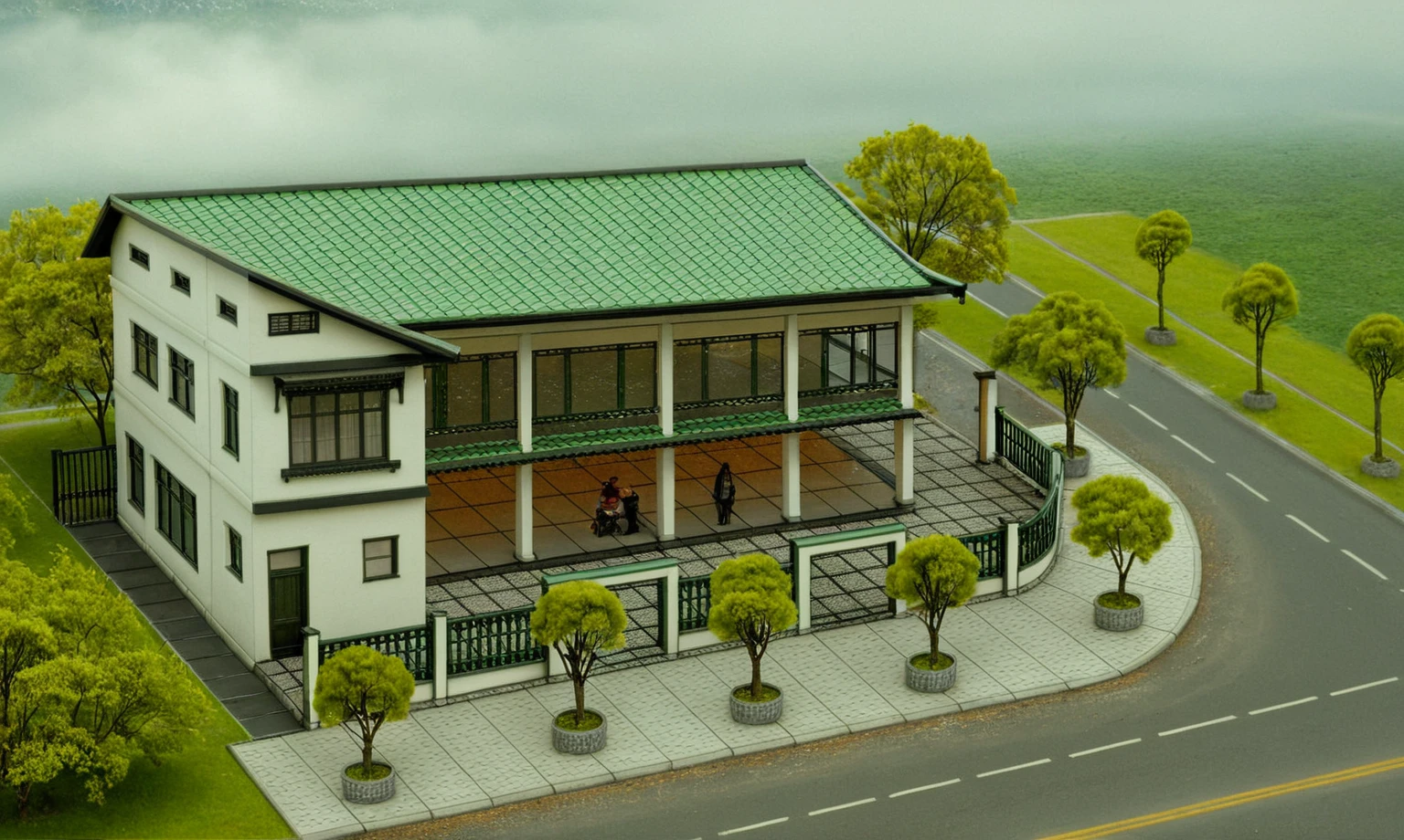 Raw photo,Masterpiece, high quality, best quality, authentic, super detail,
exterior, outdoors, house style indochine on the street ,aiaigroup
road,pavement, grass, trees, sky, cloud, (day:1.1), house at intersection corner, green trees, aerial shot, tiled roof, street, canon camera photo