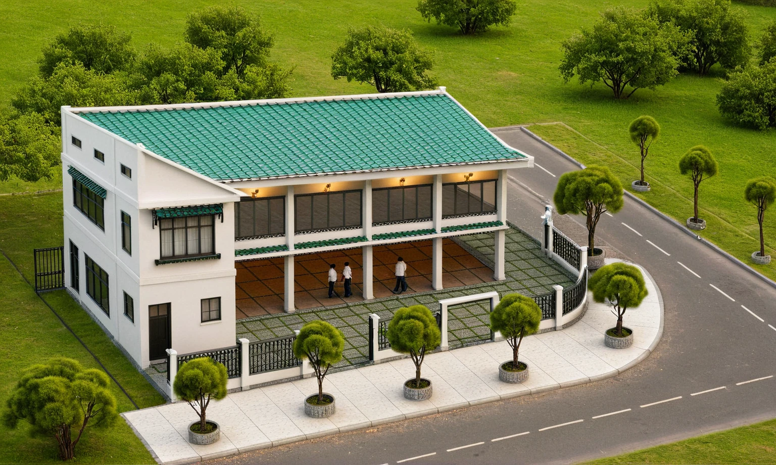 Raw photo,Masterpiece, high quality, best quality, authentic, super detail,
exterior, outdoors, house style indochine on the street ,aiaigroup
road,pavement, grass, trees, sky, cloud, (day:1.1), house at intersection corner, green trees, aerial shot, tiled roof, street, canon camera photo
