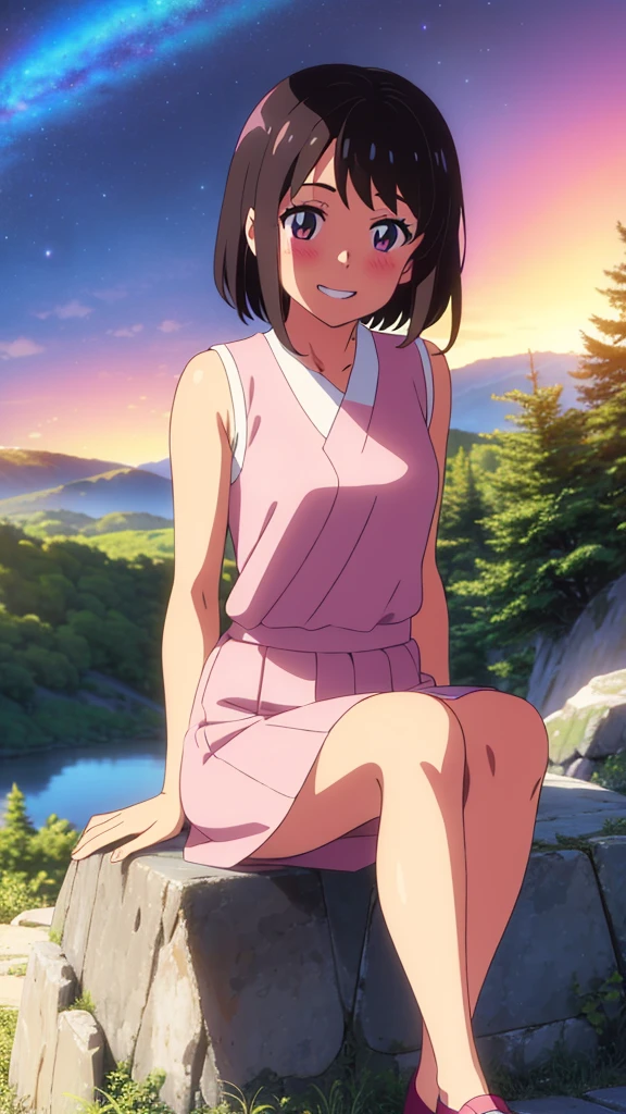 shinkai makoto, kimi no na wa., 1girl, bangs, black hair, blush, brown expressive eyes, perfect face, looking at the viewer, pink sleeveless dress, white skirt, short hair, solo, outdoors, shinny skin, smile, cute, grin, night sky, mountains, rocks, sitting, dynamic pose, (masterpiece), best quality