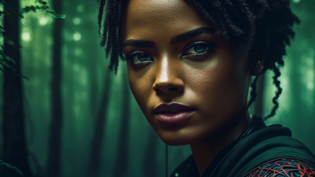 a close-up forest, blurred gigantic sombra negra vulto running in background, cinematic 4k rpg game style, flame trailer film, dramatic lighting, moody atmosphere, lush greenery, detailed foliage, mossy logs, winding path, volumetric fog, beautiful detailed eyes, beautiful detailed lips, extremely detailed eyes and face, long eyelashes, photorealistic, hyper detailed, masterpiece, sharp focus, studio lighting, vivid colors, cinematic composition