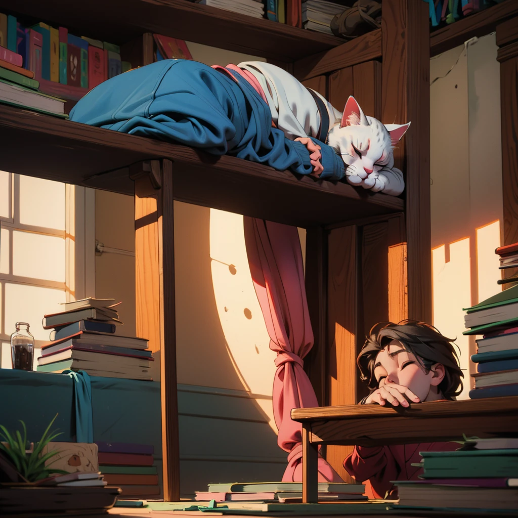 an 18-year-old boy falls asleep on a summer day behind books in his room.
Clothing Pajamas, hairstyle chosen by the artist. A cat is sleeping on the table, Высокое разрешение, Вид сверху, Лучшее качество,