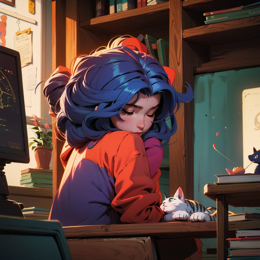 an 18-year-old boy falls asleep on a summer day behind books in his room.
Clothing Pajamas, hairstyle chosen by the artist. A cat is sleeping on the table, Высокое разрешение, Вид сверху, Лучшее качество,