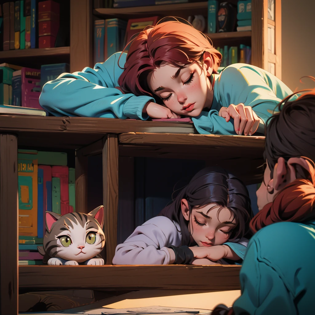 an 18-year-old boy falls asleep on a summer day behind books in his room.
Clothing Pajamas, hairstyle chosen by the artist. A cat is sleeping on the table, Высокое разрешение, Вид сверху, Лучшее качество, 