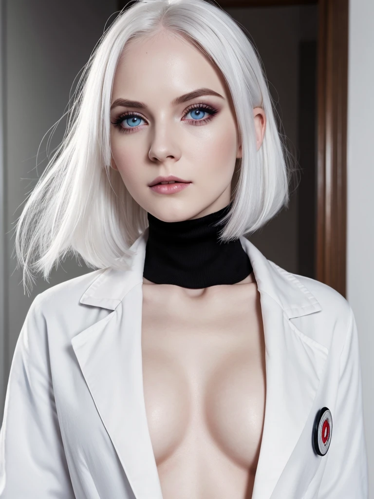 (best quality), 1girl, Female, pale skin, white hair, medium hair, flipped hair, Flipped-up ends, straight hair, hair behind ear, red eyes, perfect eyes, dark circles under eyes, dark eyeshadow, lab coat, tight turtleneck, gloves, fully clothed, small bust, masterpiece, anatomically correct, highres