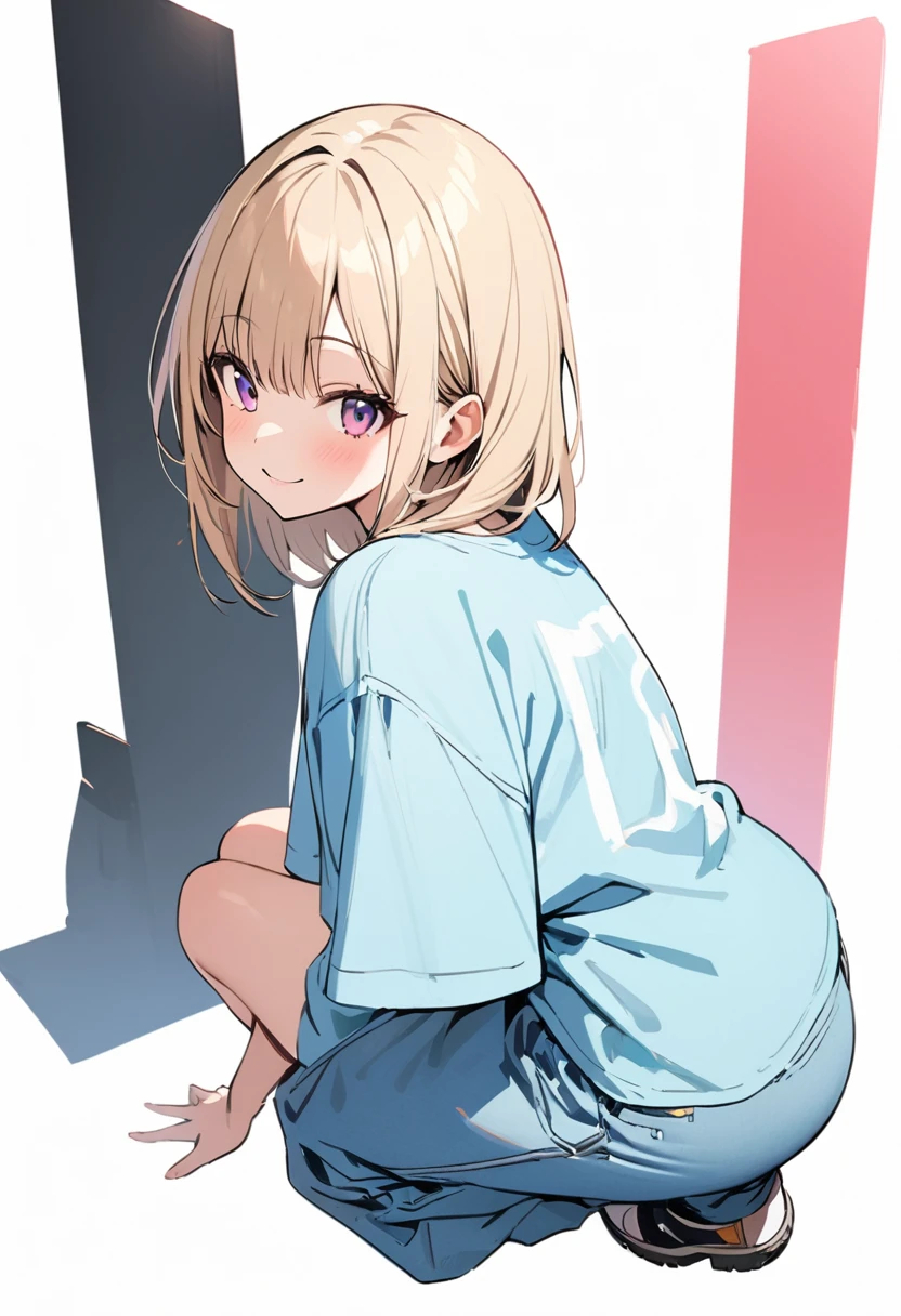 (masterpiece:1.2),Highest quality,Pixiv ,One girl,alone,View your viewers,,smile,White background only,whole body,From the side,One knee,,Look to the side、white background only、 ((Blue oversized shirt)), ((Baggy jeans)), tie、No background