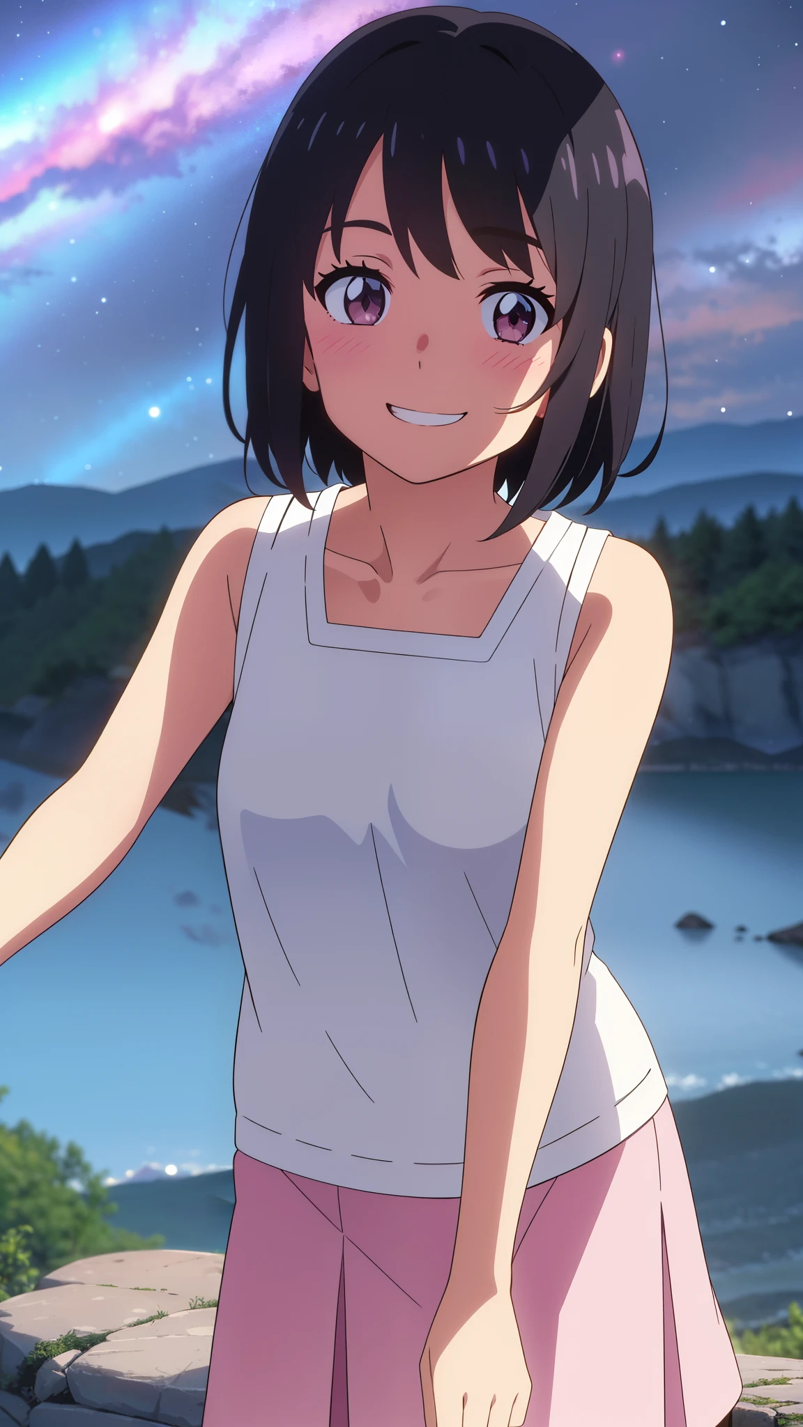 shinkai makoto, kimi no na wa., 1girl, bangs, black hair, blush, expressive eyes, brown eyes, perfect face, looking at the viewer, pink sleeveless dress, white skirt, short hair, solo, outdoors, shinny skin, smile, cute, grin, night sky, mountains, rocks, (masterpiece), best quality