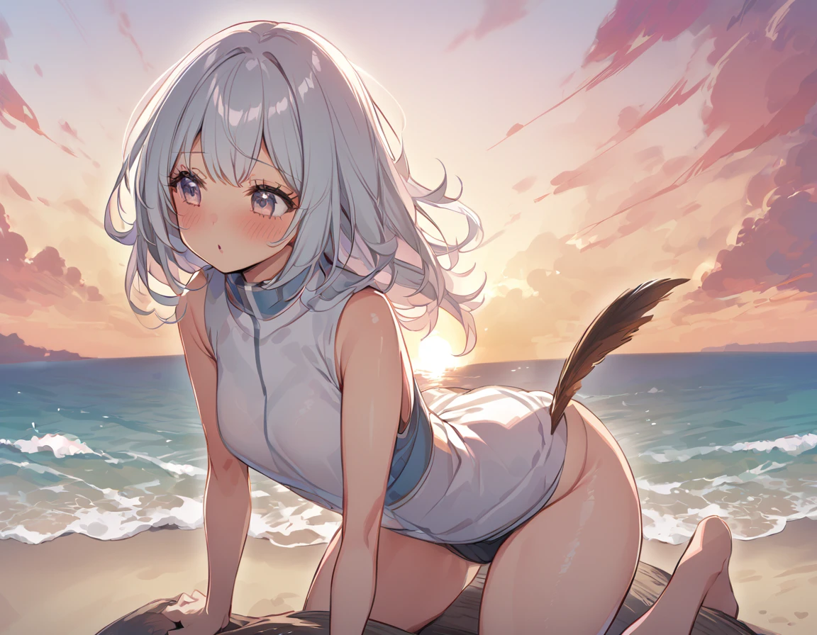One cute girl with big asturbation in cowgirl position、Rubbing your with your left hand、Playing with the mansuji with the right hand、Deserted island at sunset
