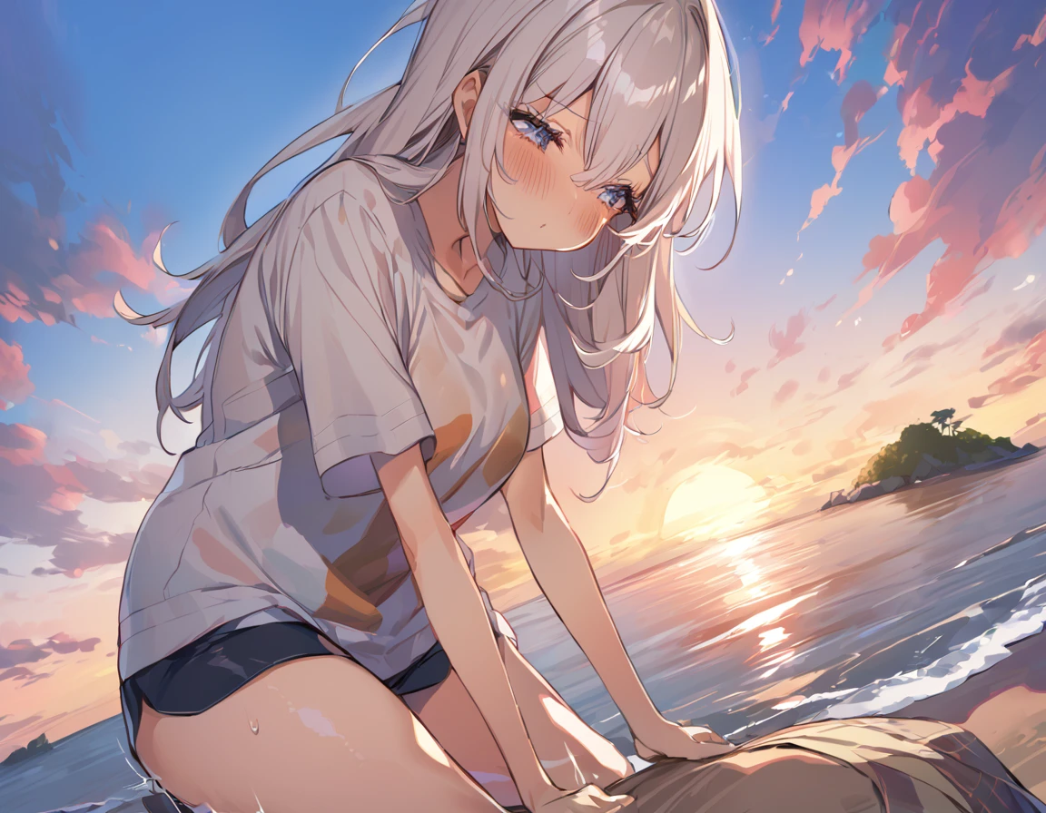 One cute girl with big asturbation in cowgirl position、Rubbing your with your left hand、Playing with the mansuji with the right hand、Deserted island at sunset