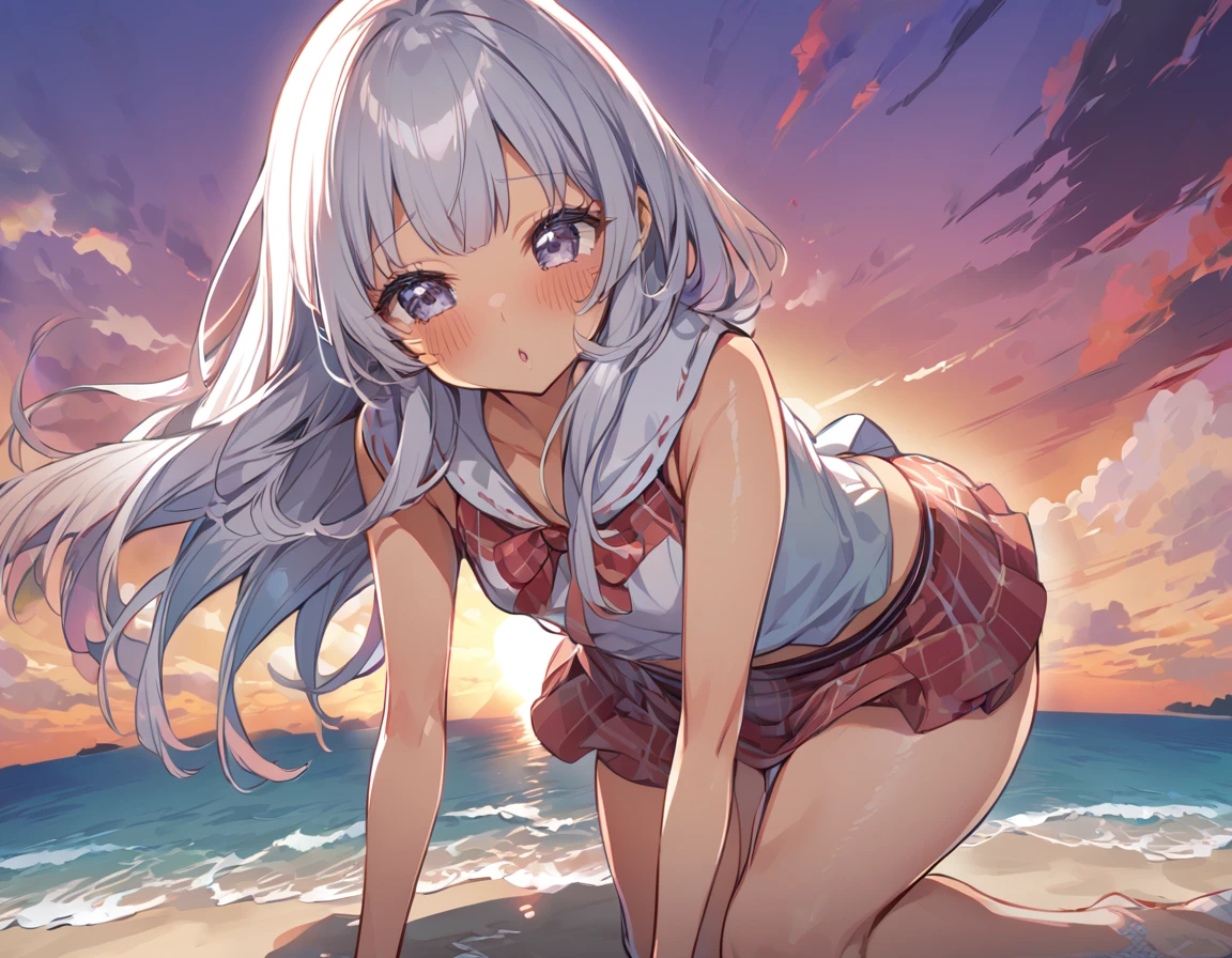 CG, Unity, 8k, wallpaper, highest quality, masterpiece, One girl, Cheerful girl, 17 years old, (Bright smile: 1.2), barefoot, Best lighting, Complex pupil, Complex weaving,Low - Angle,White Hair,Hair covering one eye,whole body,((White background))