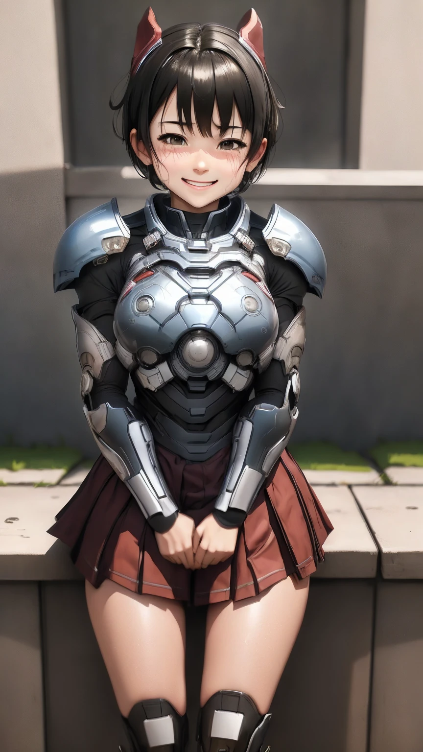 Highest quality　8k Iron Man Suit Girl　Elementary school girl　Sweaty face　Cute Smile　short hair　boyish　Steam coming from the head　My hair is wet with sweat　Black Hair