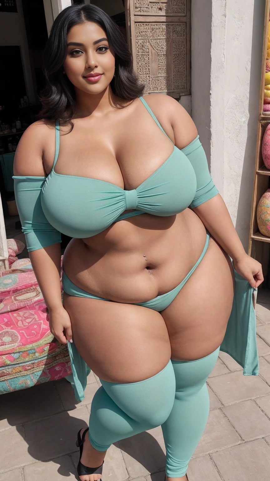 swastika mukharjee Indian beautiful woman curvy plus size hour glass bulky huge figure woman, closeup camera view, big huge m-cup breast, wearing SHEIN Teen Girl Woven Solid Color Bubble Ruched Double Layered Hem Swing Cami Dress
Color: Mint Green , covered Bust , elegant standing position, eye contact view, different style hairstyle, bright eyes, thin eyebrows, fair skin, blushing cheeks, prefect head to toe view, full body, ideal for high-fashion or editorial shoots, ultra realistic skin texture, head to toe view, full body shot, full body view, smile face, black hair, Indian face, perfect skin tone light, ultra realistic skin texture, bigger waist, busty, big hips, fleshy thighs, thick thighs, busty, full body view, Moroccan Market: Vibrant, bustling market with colorful textiles and spices.
