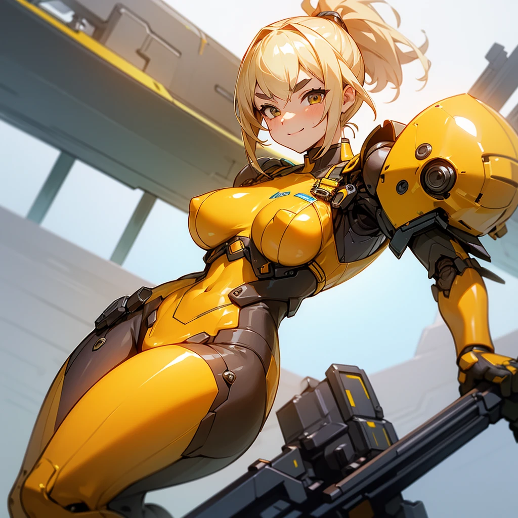 Smiling girl in a revealing see-through mechanical micro bikini in yellow and orange with shiny wet skin,Gal-like ponytail,Fully transparent glass texture micro bikini armor,水色ライトの透明なMechanical Armor,（Highest quality）,（8k）,Mechanical Armor,Show all,（Thinly visible genitals）,Accentuated breasts,Mechanical firearms equipment,Eyebrows rise,Bullish expression,Blonde,Don&#39;t blush,Laugh with your mouth closed,Standing on a white floor,White background,（Show the whole body）,View your viewers