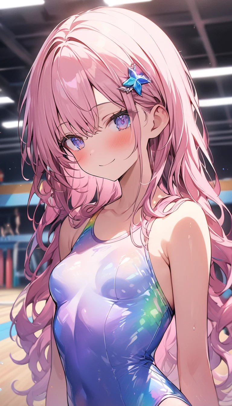 highquality illustration, masterpiece, very delicate and beautiful, attractive girl,(gymnastics leotard,long sleeve leotard with glittery decoration,high_leg leotard,athletic leotard,tight-fit leotard,iridescent gradient leotard,long-sleeve leotard),thin,slender body,slim,high school,gymnasium background,gymnastics club,gymnastics athlete,princess, beautiful eyes,light smile,(masterpiece, best quality:1.2), highres, extremely detailed CG unity 8k wallpaper, perfect lighting, Colourful, ultra-high res,4K,ultra-detailed, photography, 8K, HDR, 17 ages,cowboy shot,