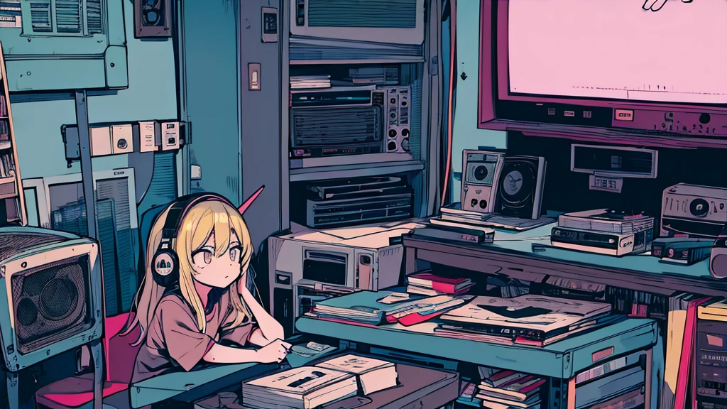Best quality, (masterpiece), best detail face,1 girl, small breasts, 18 yo, 8k,absurdres,unity 8k wall paper,(extremely detailed:1.3), highest realistic, (retro headphones:), (soft neon light:), (psychedelic), Her room full of music equipment and records, sports wear , See the whole room , dark grey color pallet, blonde hair