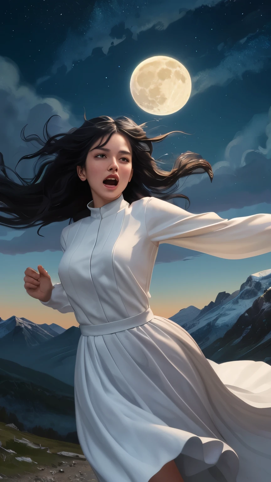 ((best quality)), ((masterpiece)), (detailed), A digital illustration of a long black haired woman in full sleeves white dress running in fear in a mountain landscape at late night with a full moon in the background