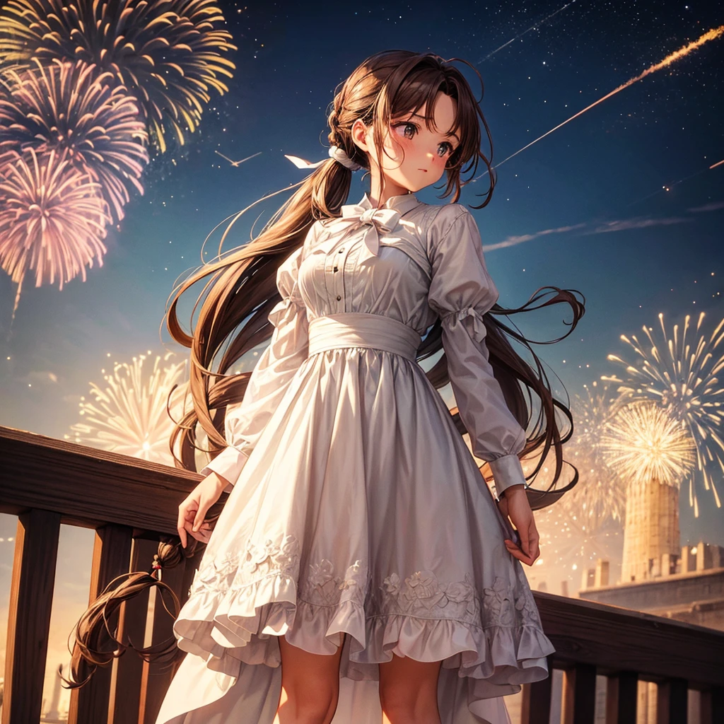 long brown hair tied in a ponytail with a white bow at the back. in front, two long strands hanging down to her chest. Fireworks in the sky, standing at the Paris Tower. 