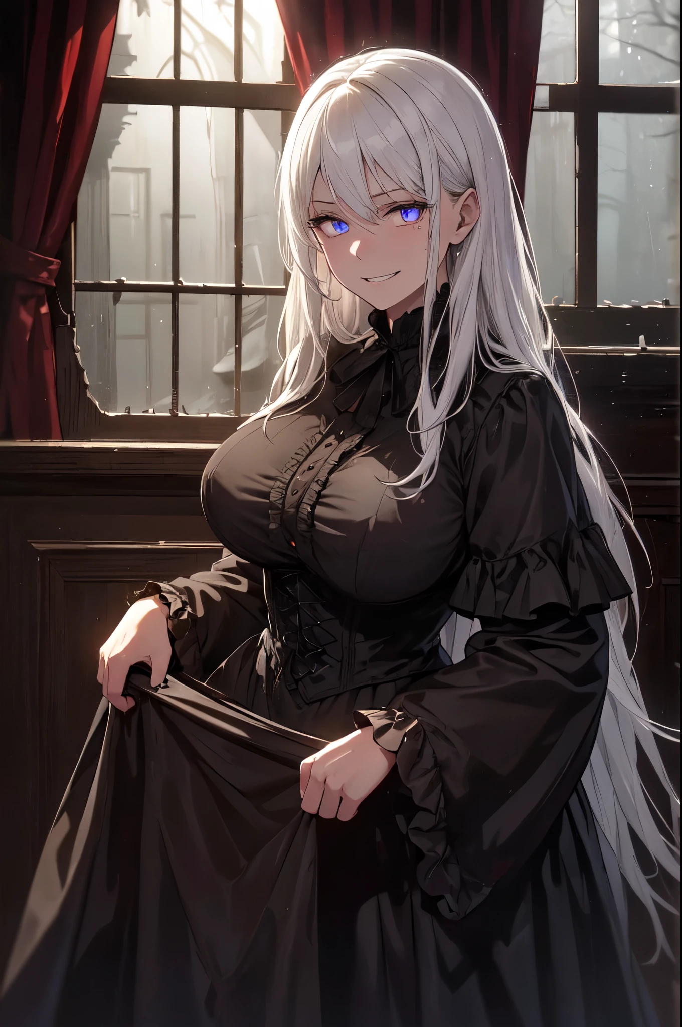 (High quality, High resolution, Fine details), haunted western-style house, (dark and gloomy atmosphere), Velvet Curtain, cobwebs, moonlight shining through windows, Mourning Dress, standing, solo, curvy adult women, white hair, Glowing Eyes, (Detailed eyes:1.2), grin, Sweat, Oily skin, (horror), (dark moody lighting), shallow depth of field