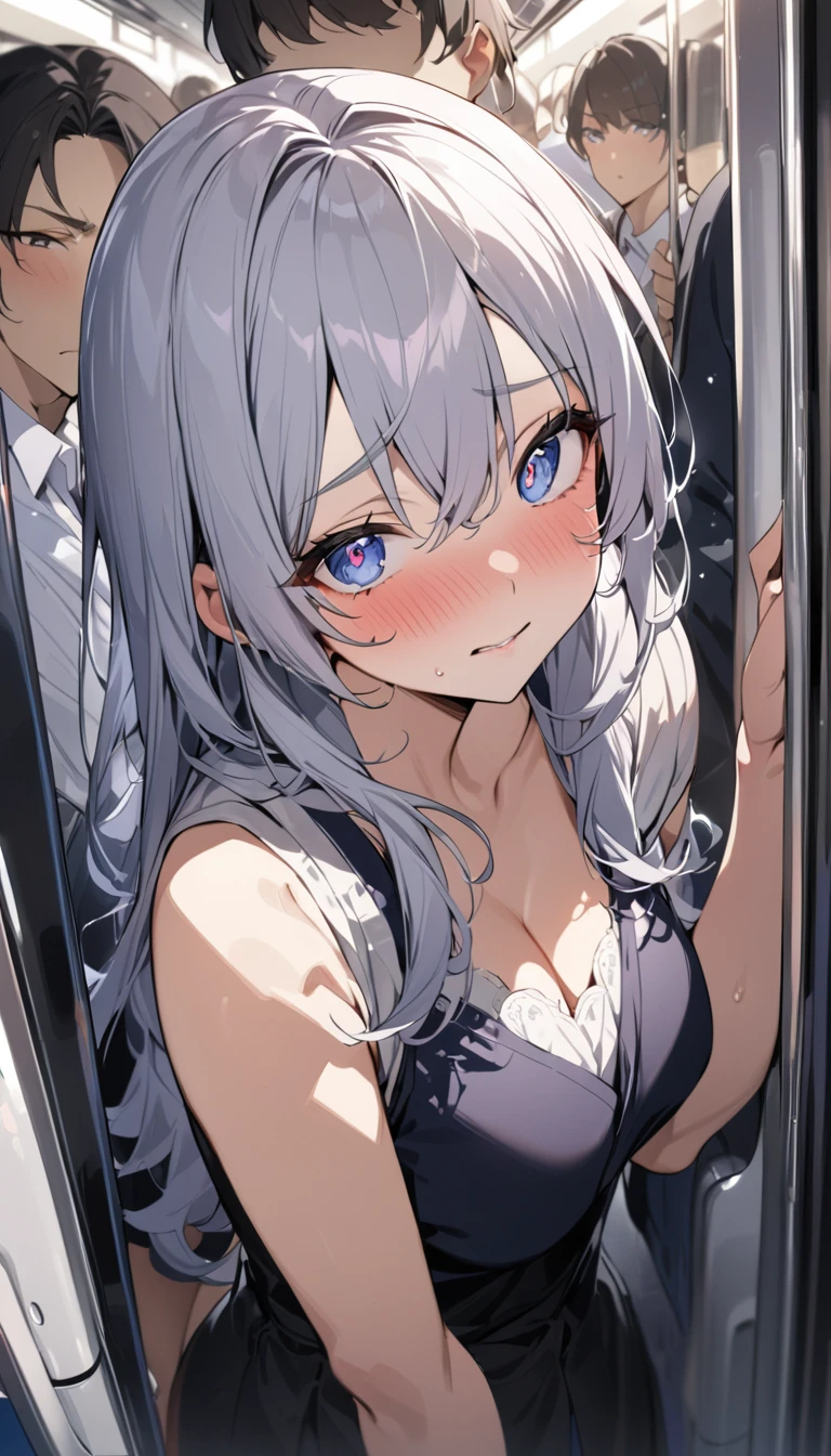 masterpiece, High resolution, perfect face, Japan beauties, 30 years old, beautiful face, in the crowded train, high school student, embarrassed look, look at the camera, (top quality eyes), detailed texture, Look at me, Married woman, cool women, ((high resolution eyes)), hentai face