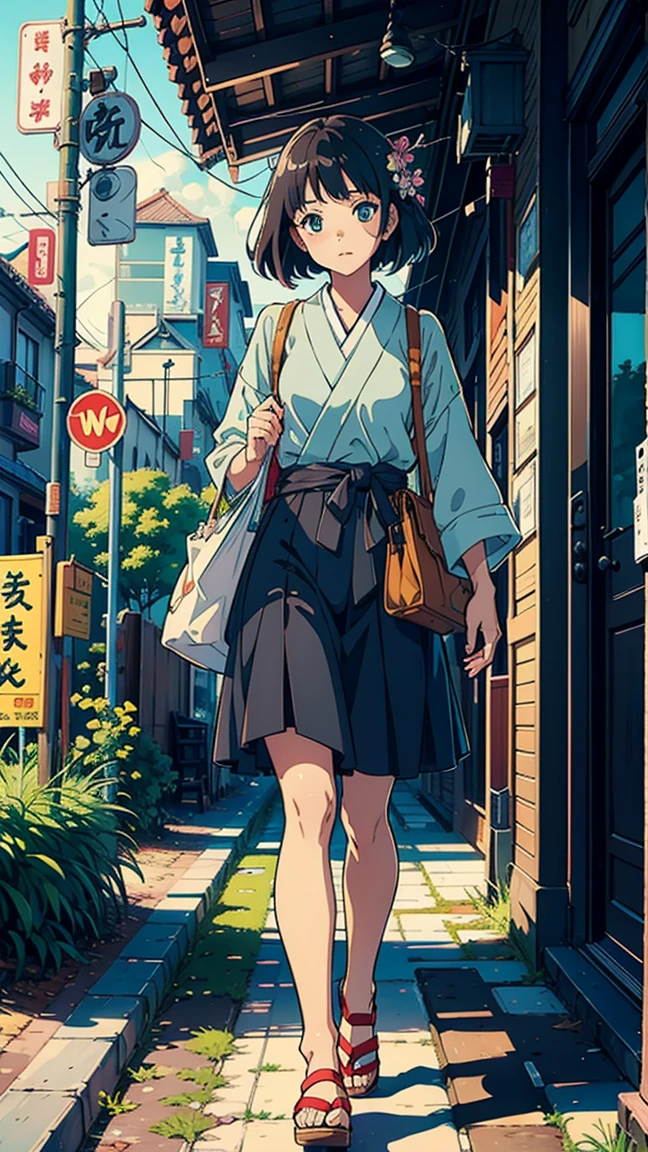 best quality,(masterpiece:1,2),highres,original,perfect lighting,extremely detailed wallpaper,(extremely detailed CG:1.2),Japanese manga style,Studio Ghibli,Hayao Miyazaki style,high saturation,Rich details,A girl carrying a bag walking down the street, (best quality:1.3), (high resolution:1), (detailed:1.3), (excellent:1.3), (perfect:1.3), (perfection:1.3), (Roll cover art:0), (illustration:1.3), Studio Ghibli's artwork