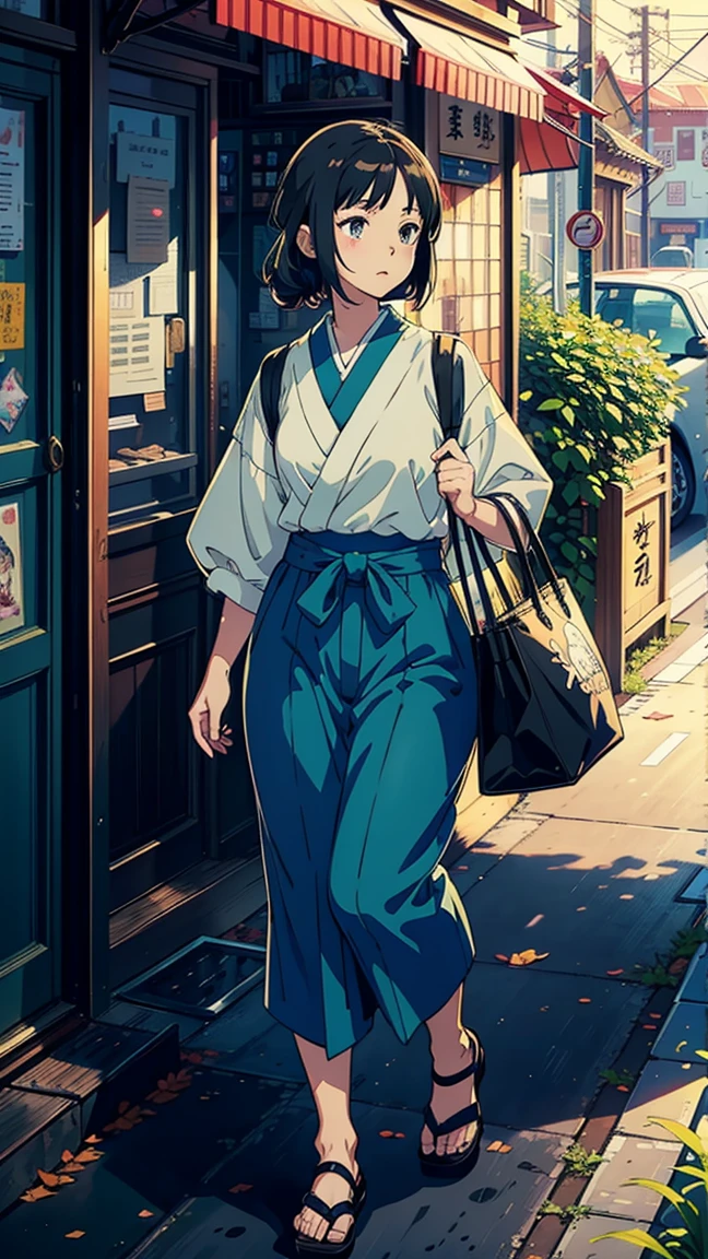 best quality,(masterpiece:1,2),highres,original,perfect lighting,extremely detailed wallpaper,(extremely detailed CG:1.2),Japanese manga style,Studio Ghibli,Hayao Miyazaki style,high saturation,Rich details,A girl carrying a bag walking down the street, (best quality:1.3), (high resolution:1), (detailed:1.3), (excellent:1.3), (perfect:1.3), (perfection:1.3), (Roll cover art:0), (illustration:1.3), Studio Ghibli's artwork