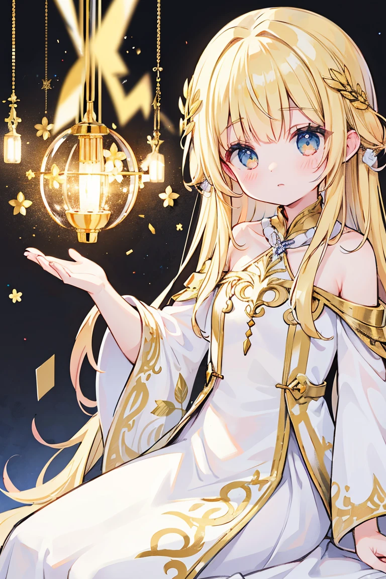 best quality, masterpiece,colorful hair, golden eyes,white clothes, search, blond hair,White skin,depressed,fantasy style dress