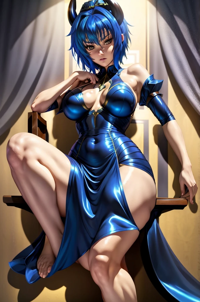 Xenovia Quarta blue hair, black horns on the head, Xenovia Quarta hair style, large breasts demon princess, demon background, sittting on a throne in a king hall looking at the viewer, dark brown and yellow eyes, 