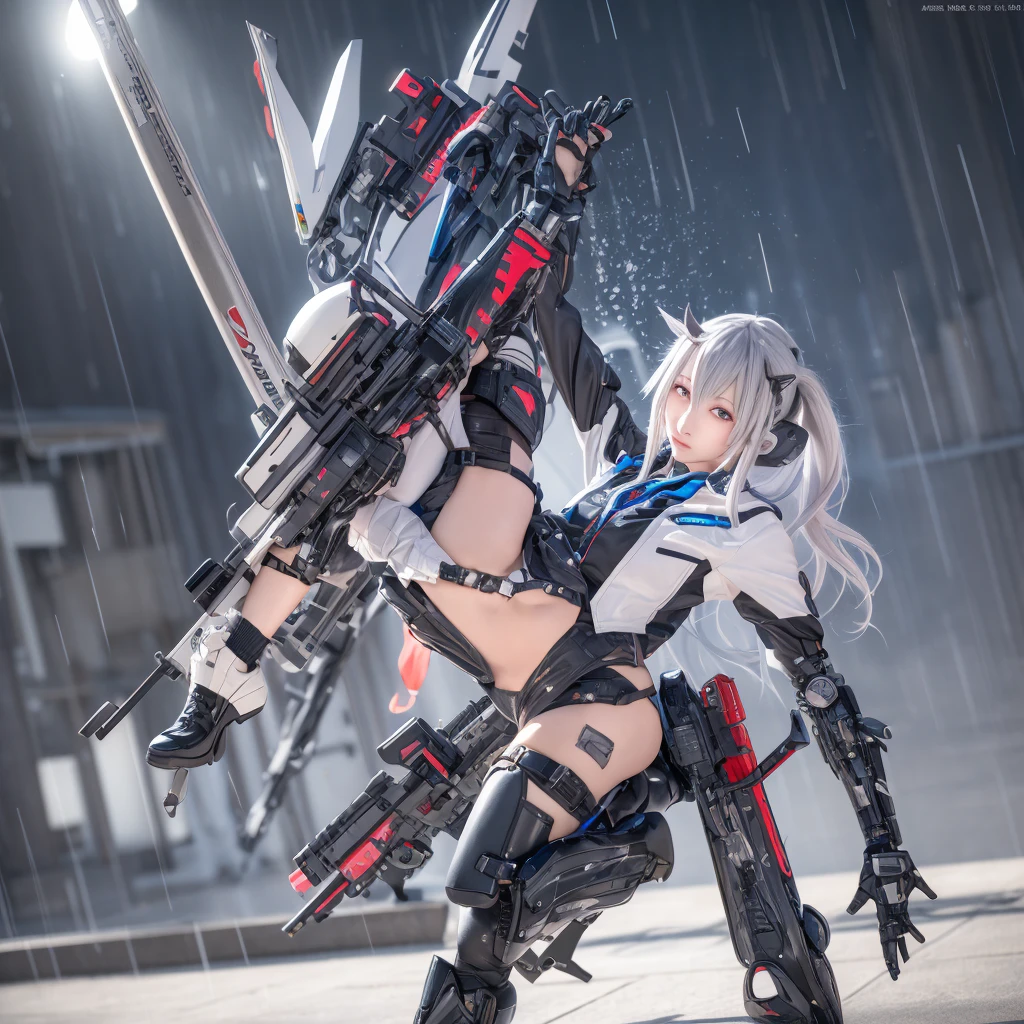 A woman in a futuristic suit holds a sword in front of the city, best anime 4k konachan wallpapers, beautiful clear face(Rain waves_haneame:1.5),Cyberpunk anime girl mecha, Mecha cyber armor girl, 動漫Mecha aesthetics, Mecha aesthetics, Modern mecha anime, anime wallpaper 4k, anime wallpaper 4k, Female mecha, from Arknights, Badass Anime 8K