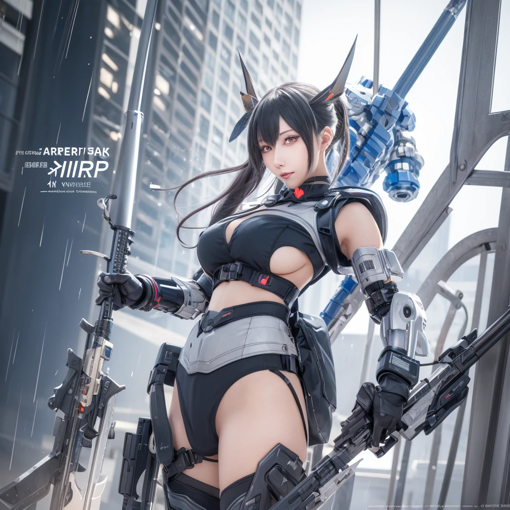 A woman in a futuristic suit holds a sword in front of the city, best anime 4k konachan wallpapers, beautiful clear face(Rain waves_haneame：1.5),Cyberpunk anime girl mecha, Mecha cyber armor girl, 動漫Mecha aesthetics, Mecha aesthetics, Modern mecha anime, anime wallpaper 4k, anime wallpaper 4k, Female mecha, from Arknights, Badass Anime 8K